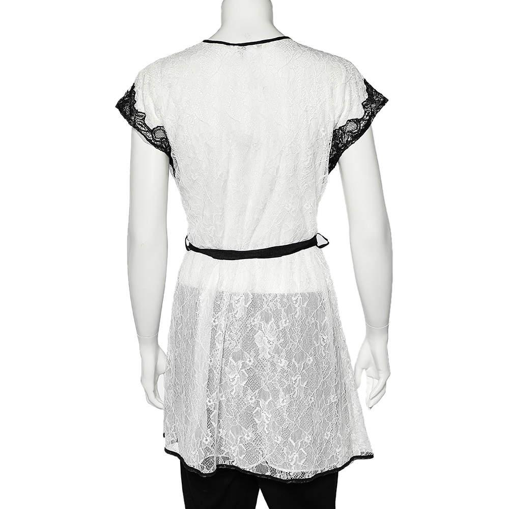 Gray Oscar de la Renta Monochrome Lace Nightwear Wrap Dress M For Sale