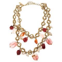 Oscar de la Renta Multi Stone Faux Pearl Gold Tone Two Strand Necklace