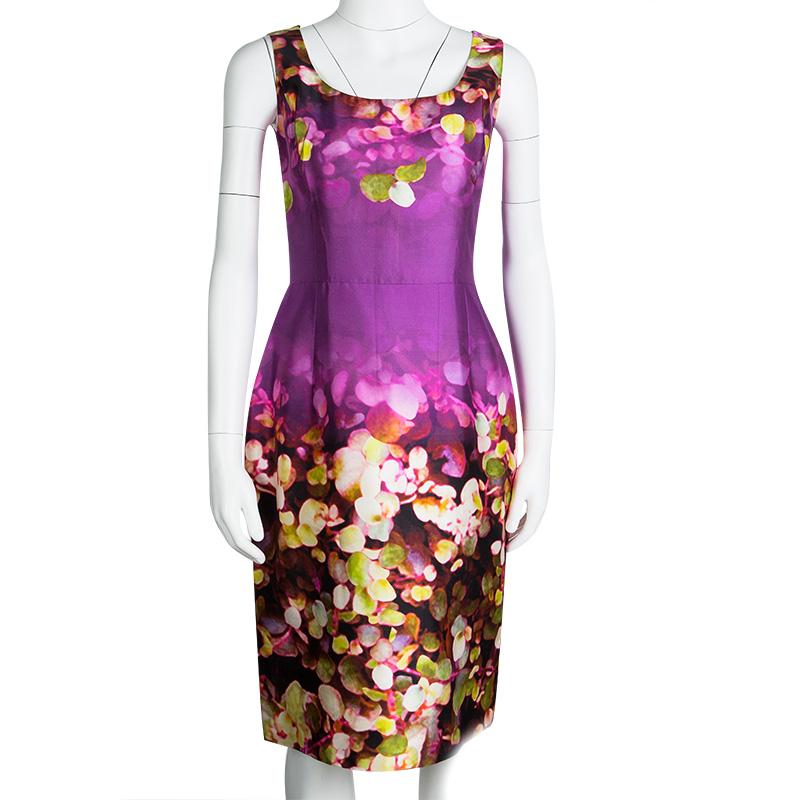 Pink Oscar De La Renta Multicolor Digital Floral Print Sleeveless Dress L