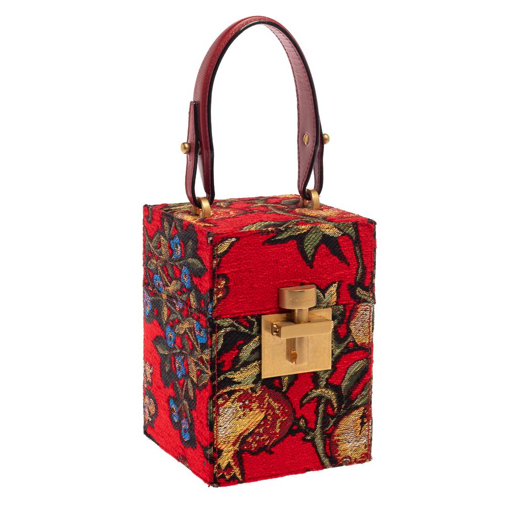 Oscar de la Renta Multicolor Floral Print Fabric and Leather Alibi Box Bag In Good Condition In Dubai, Al Qouz 2