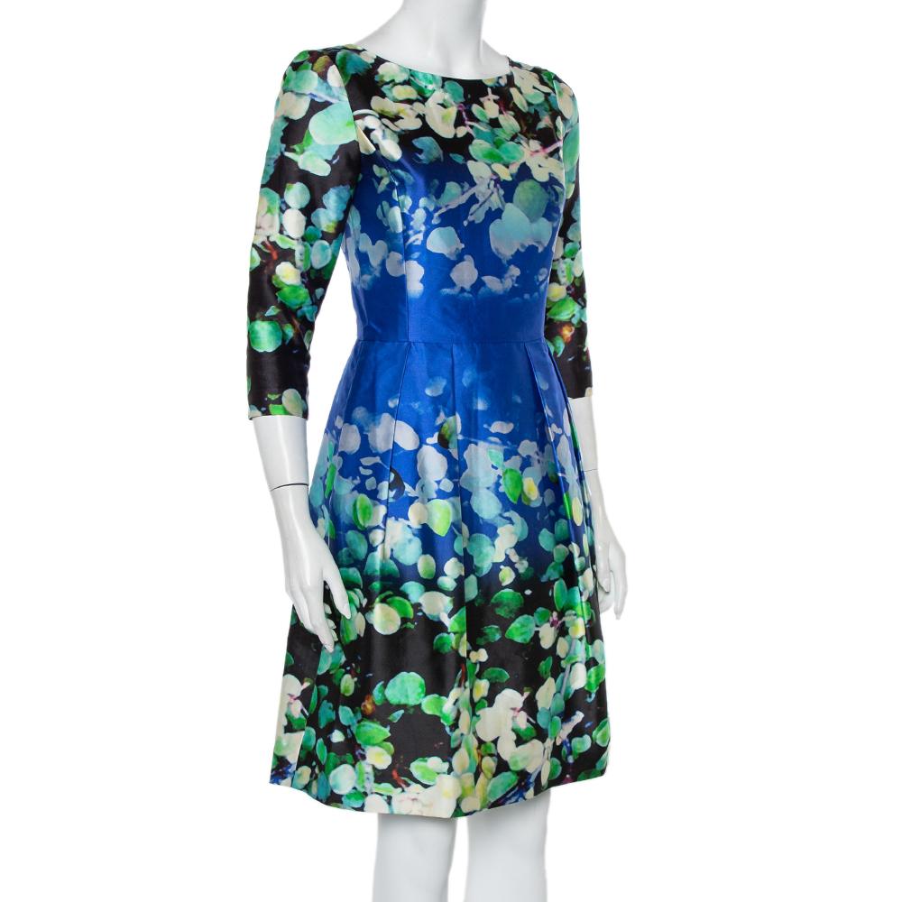 Blue Oscar de la Renta Multicolor Floral Printed Silk & Cotton Sheath Dress S