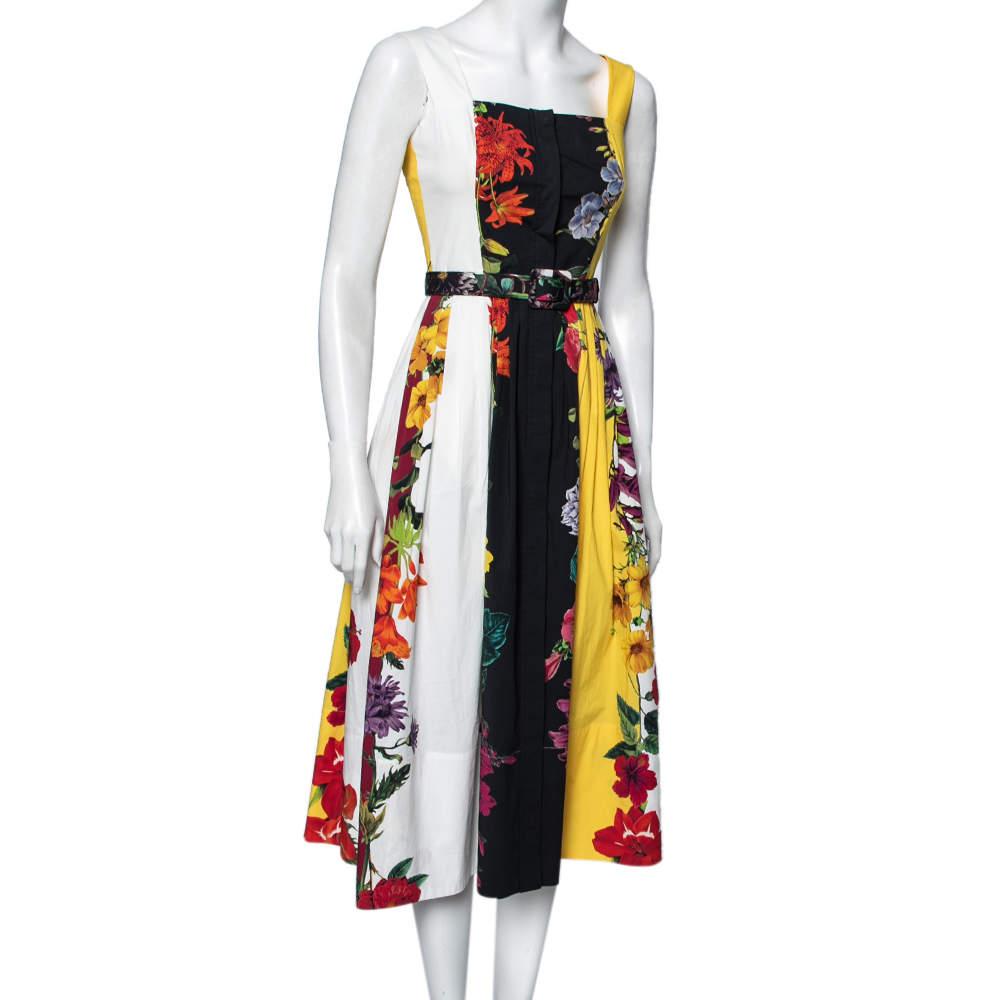 Beige Oscar de la Renta Multicolor Printed Pleated Button Front Belted Midi Dress XS For Sale
