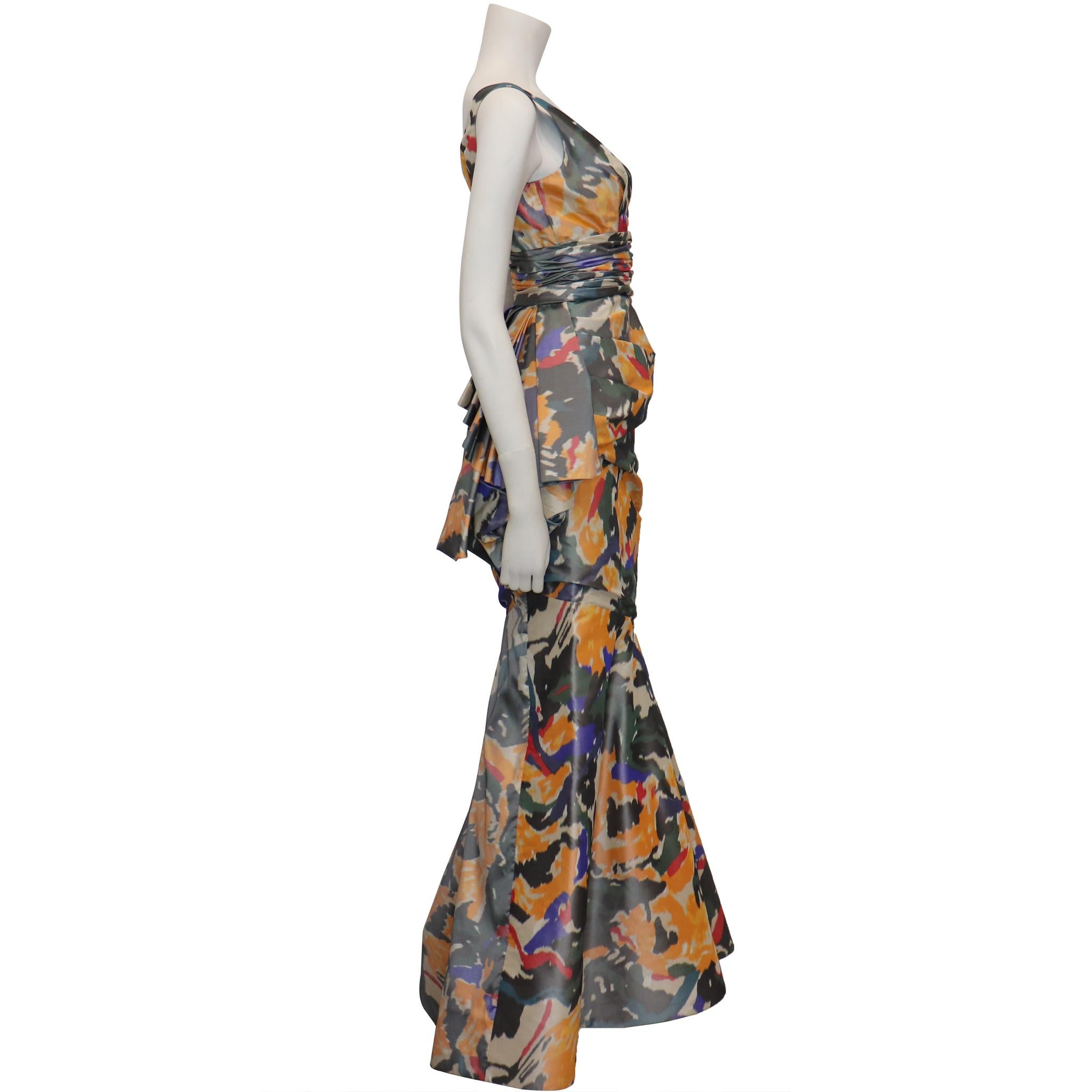 Gray Oscar De La Renta Multicolor Warp Print Gown w/ Gathers 