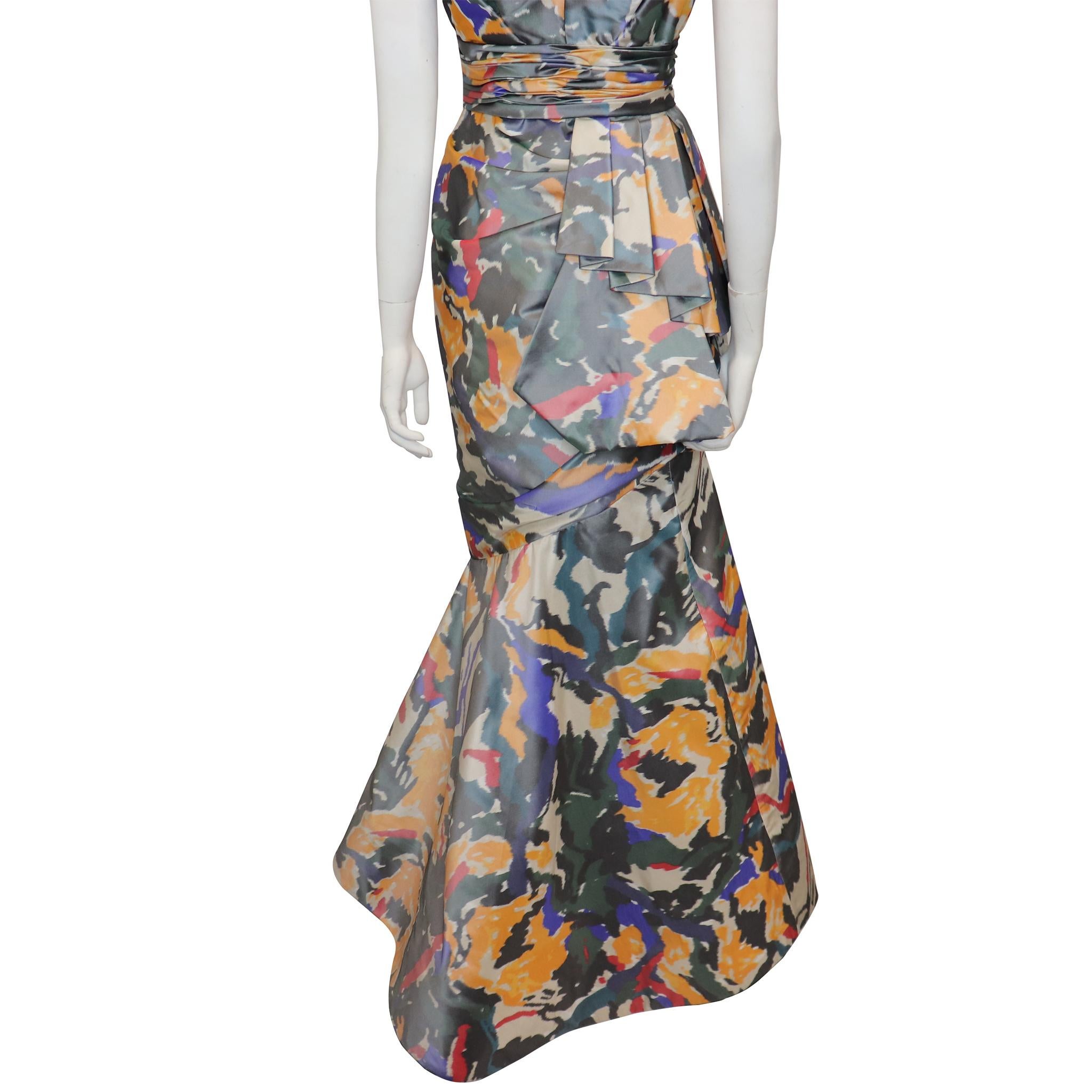 Oscar De La Renta Multicolor Warp Print Gown w/ Gathers  2