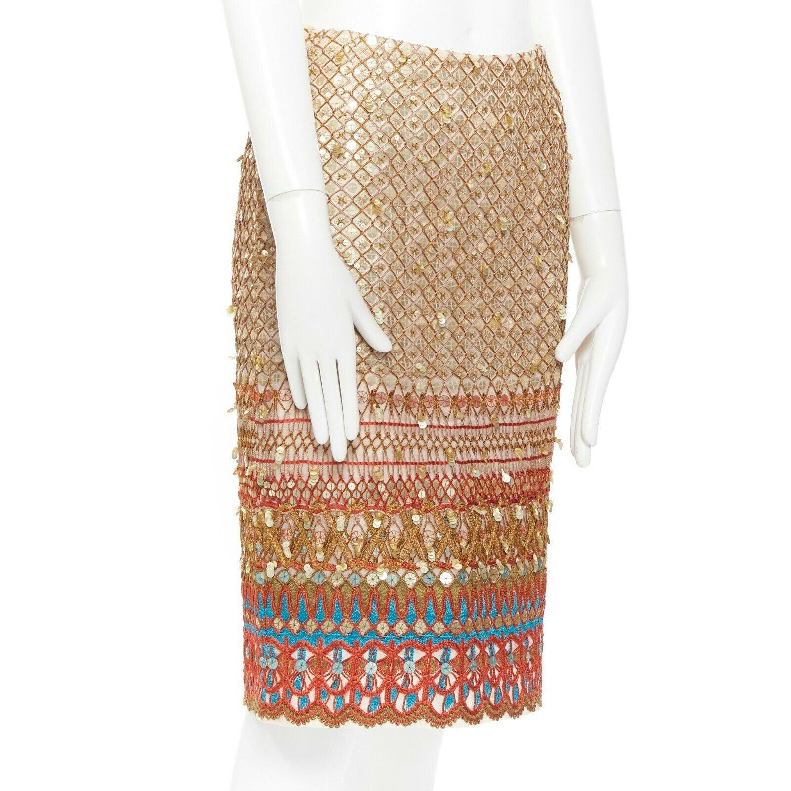 Women's OSCAR DE LA RENTA multicolour silk sequin ethnic embroidery pencil skirt FR34