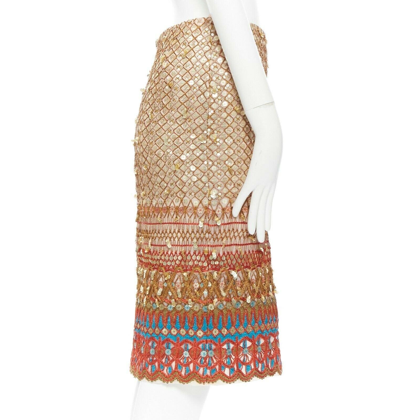 OSCAR DE LA RENTA multicolour silk sequin ethnic embroidery pencil skirt FR34 1