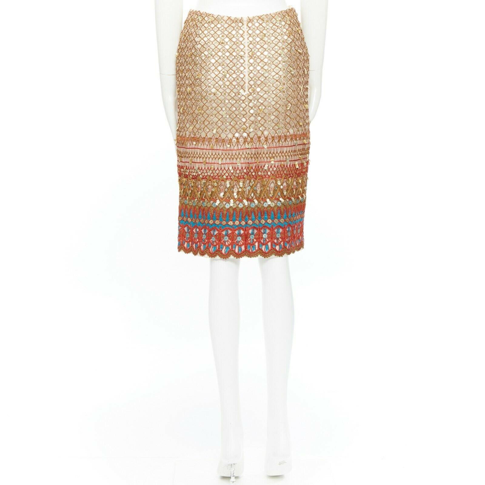 OSCAR DE LA RENTA multicolour silk sequin ethnic embroidery pencil skirt FR34 2