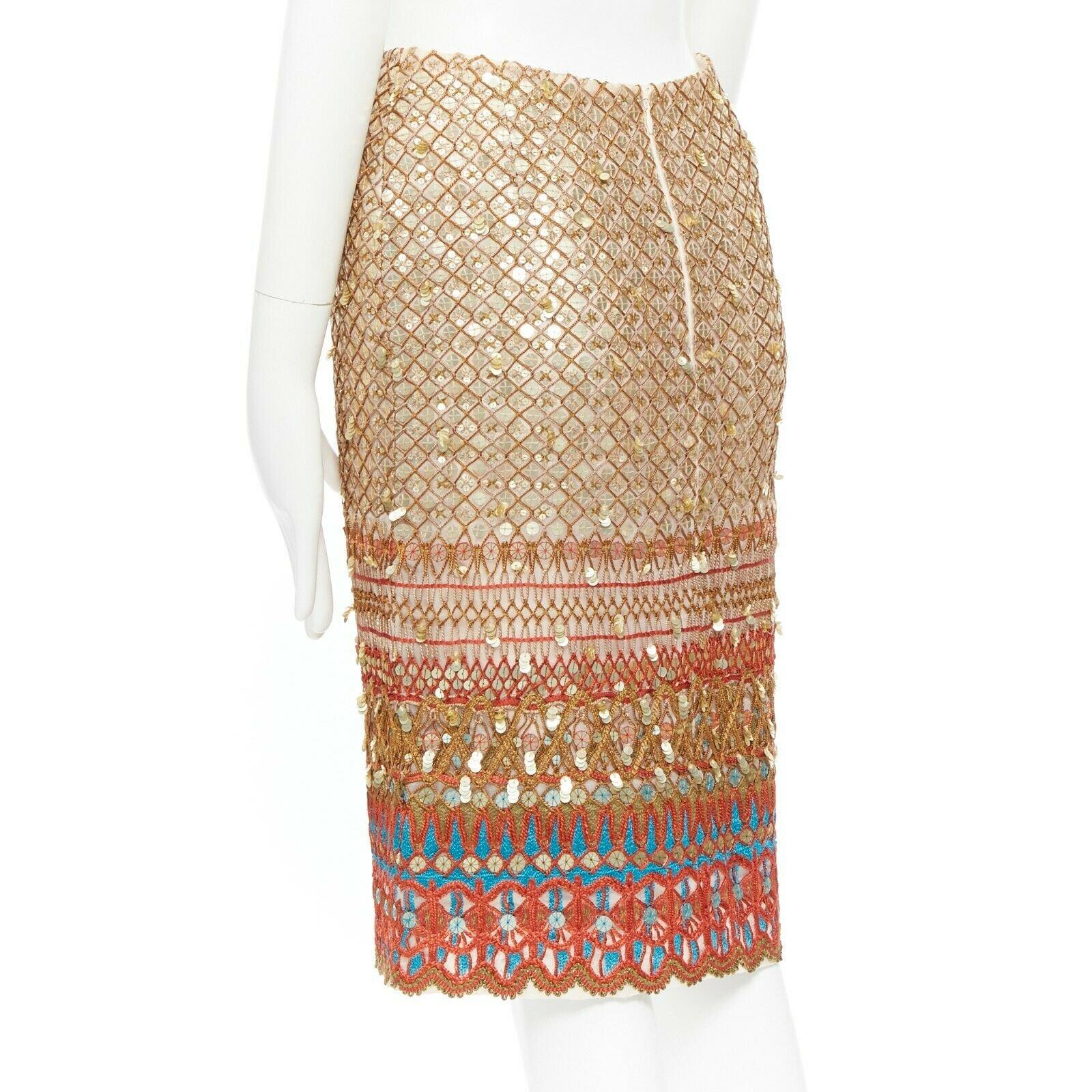 OSCAR DE LA RENTA multicolour silk sequin ethnic embroidery pencil skirt FR34 4