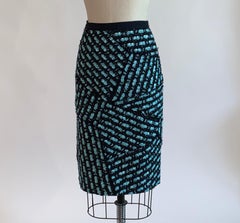 Oscar de la Renta Navy and Bright Blue Patchwork Tweed Pencil Skirt Resort 2012