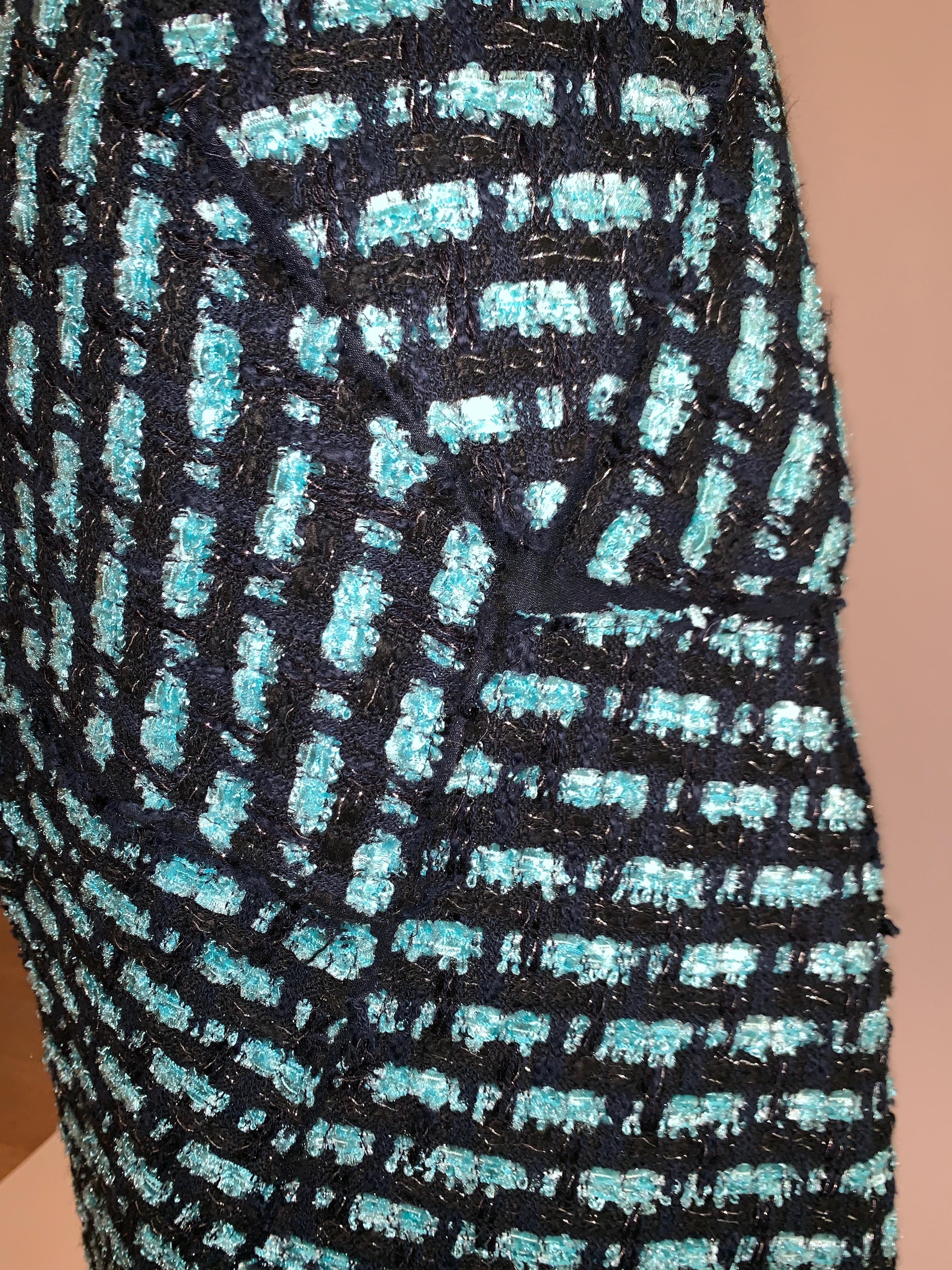 Black Oscar de la Renta Navy and Bright Blue Patchwork Tweed Pencil Skirt Resort 2012 For Sale
