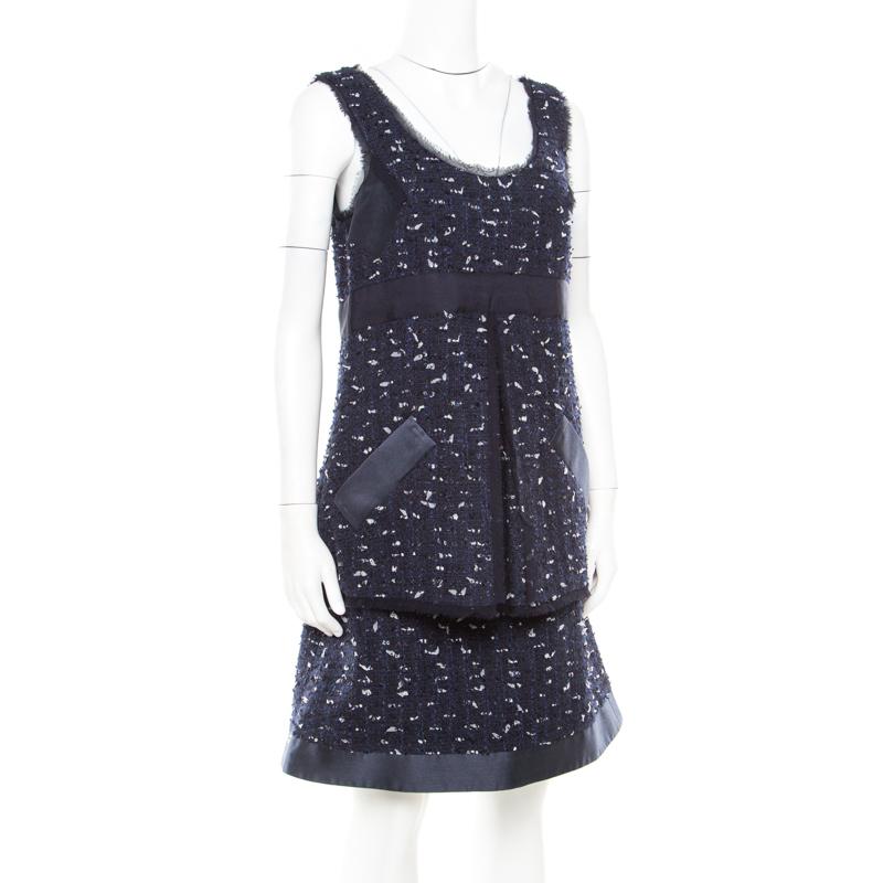 Black Oscar de la Renta Navy Blue Boucle Tweed Sleeveless Dress M
