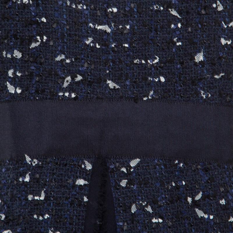Oscar de la Renta Navy Blue Boucle Tweed Sleeveless Dress M 1