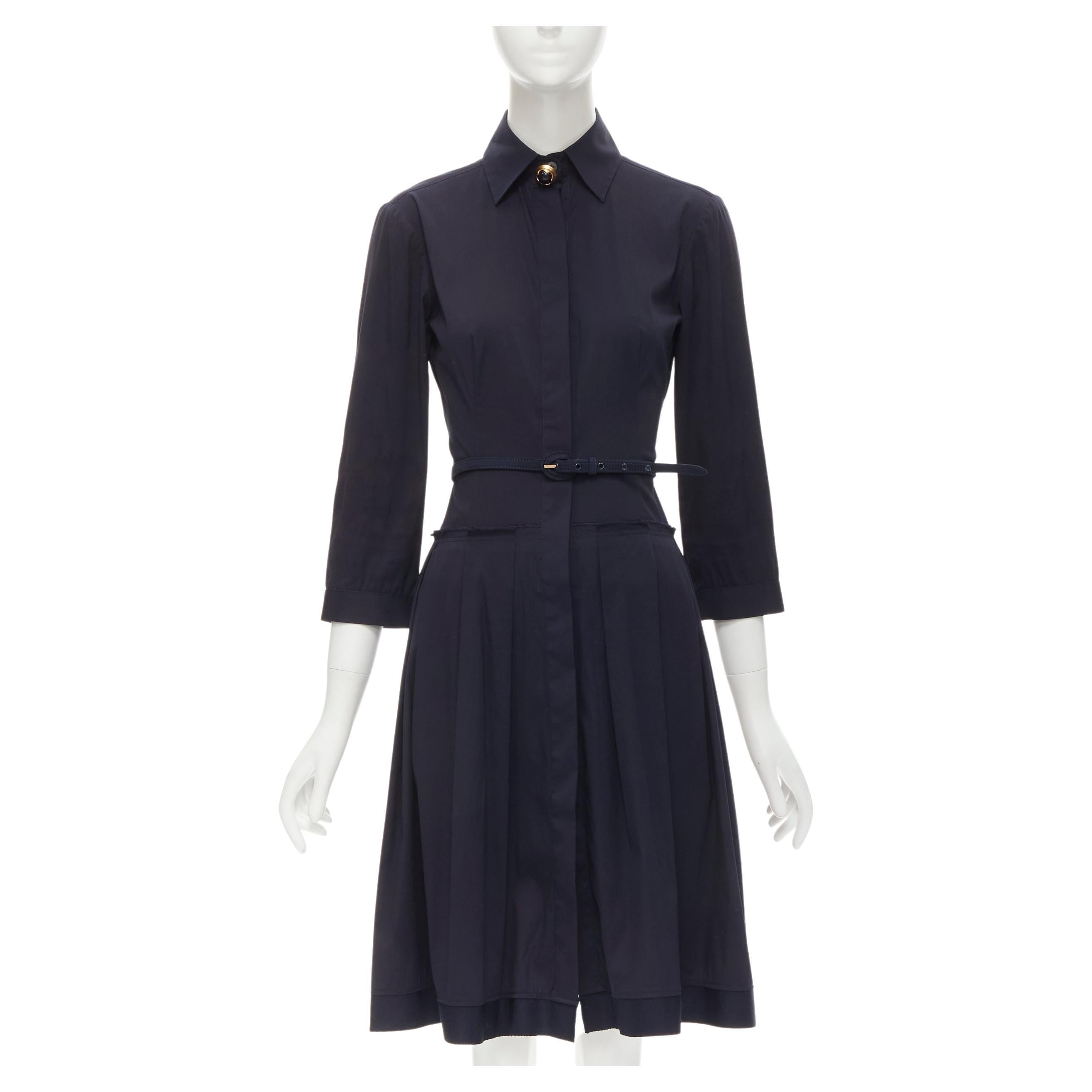 OSCAR DE LA RENTA navy blue cotton decorative gold button belted dress US0 XS