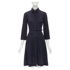 OSCAR DE LA RENTA navy blue cotton decorative gold button belted dress US0 XS