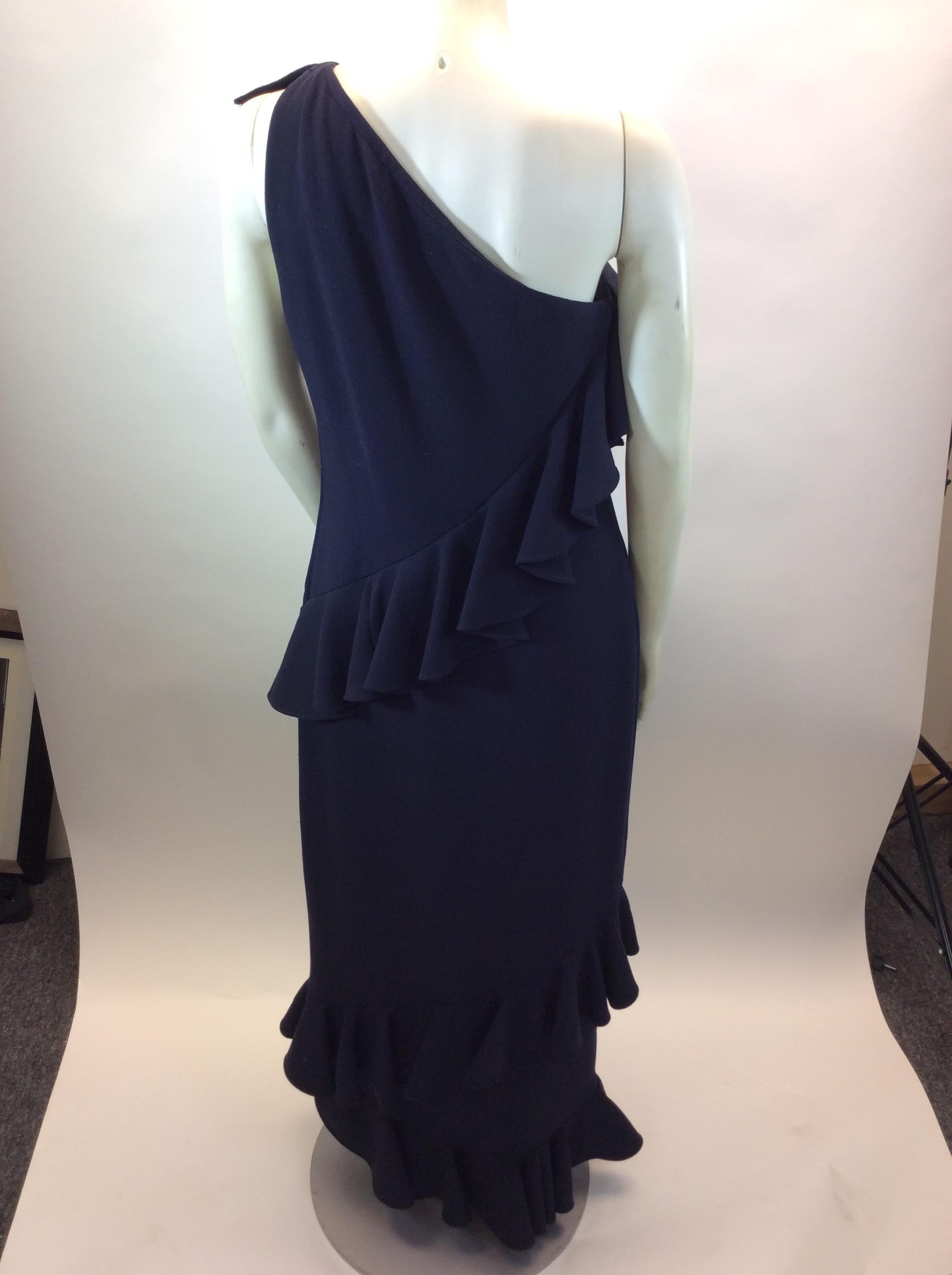 Black Oscar de la Renta Navy Blue Ruffle Gown For Sale