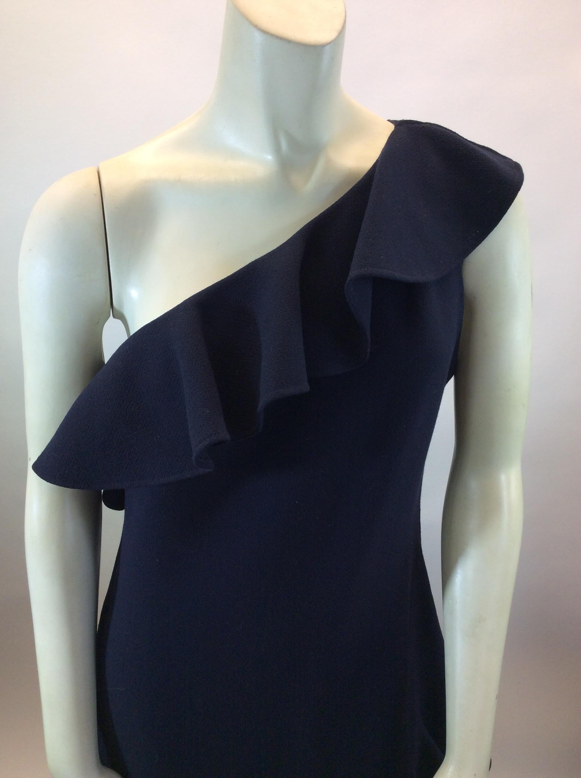 Women's Oscar de la Renta Navy Blue Ruffle Gown For Sale