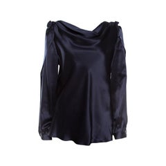 Oscar de la Renta Navy Blue Satin Cowl Neck Long Sleeve Blouse L