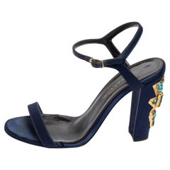 Oscar de la Renta Navy Blue Satin Lemmy Embellished Ankle Strap Sandal Size 37.5