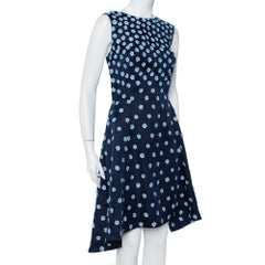Oscar de la Renta Navy Blue Silk Floral Applique Sleeveless Hi-Low Dress L