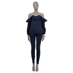 OSCAR DE LA RENTA navy blue silk OFF HOULDER RUFFLE Blouse Shirt 2 XS