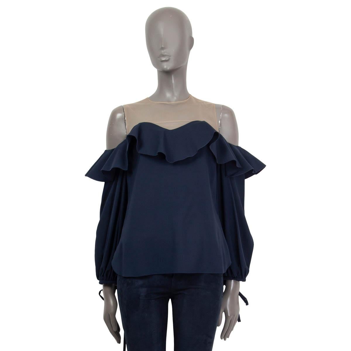 OSCAR DE LA RENTA navy blue silk OFF HOULDER RUFFLE Blouse Shirt 2 XS For Sale