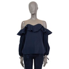 OSCAR DE LA RENTA navy blue silk OFF HOULDER RUFFLE Blouse Shirt 2 XS