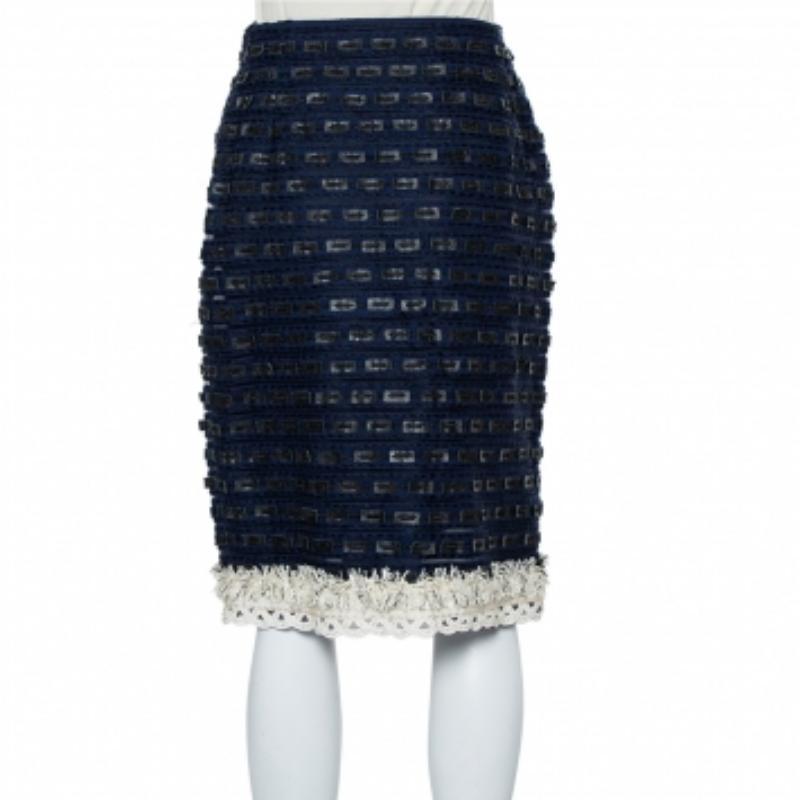 Women's Oscar de la Renta Navy Blue Synthetic & Faux Leather Trim Pencil Skirt M For Sale