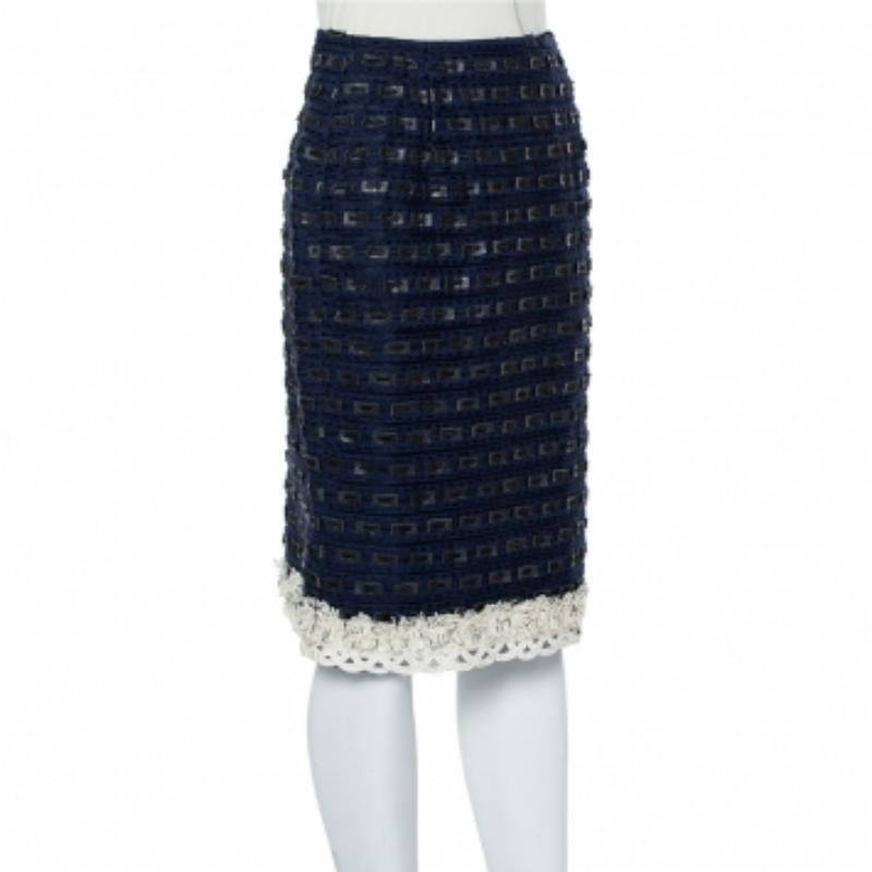 Oscar de la Renta Navy Blue Synthetic & Faux Leather Trim Pencil Skirt M For Sale 1