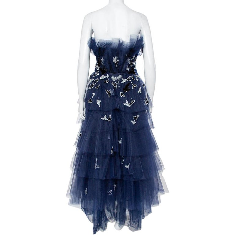 Oscar de la Renta Navy Blue Tulle Sequin Embellished Tiered Midi Dress ...