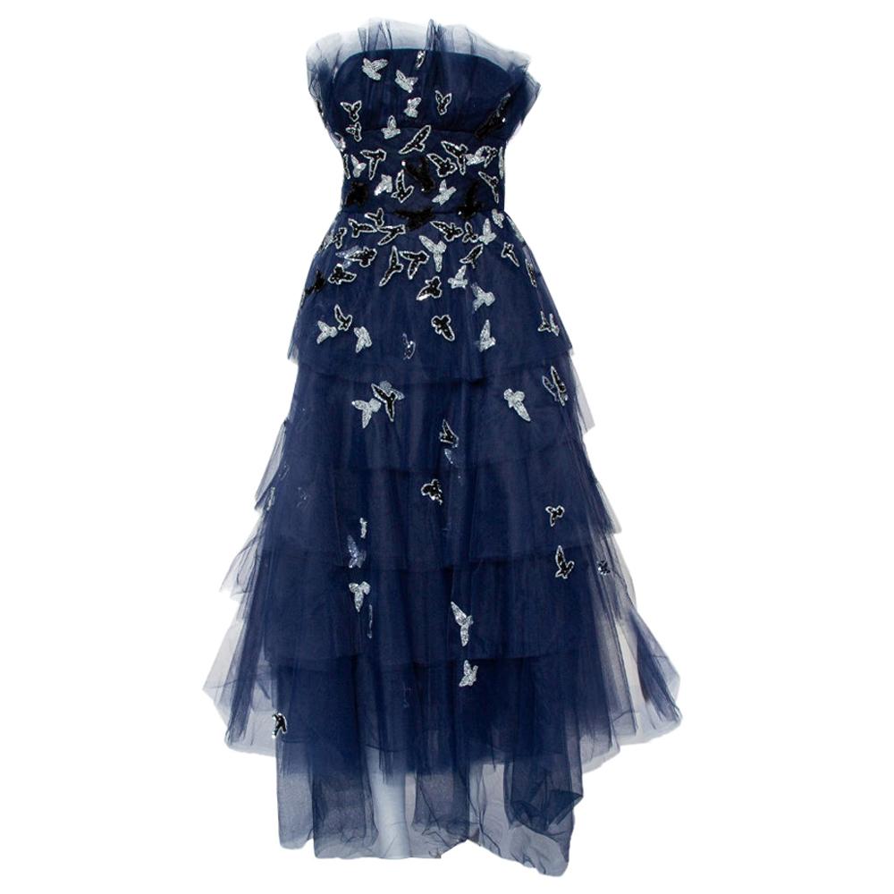 Oscar de la Renta Navy Blue Tulle Sequin Embellished Tiered Midi Dress ...