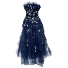Oscar de la Renta Navy Blue Tulle Sequin Embellished Tiered Midi Dress M