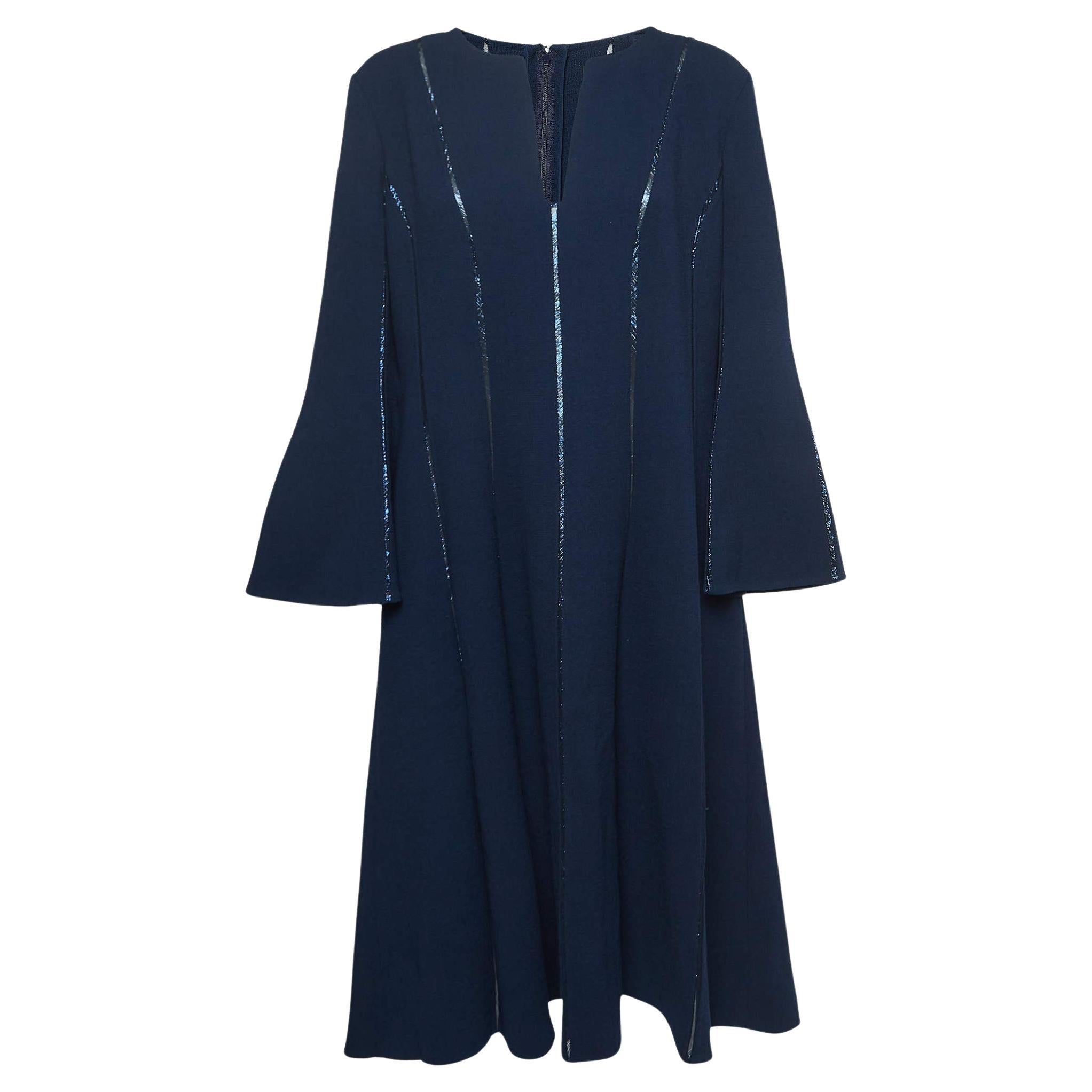 Oscar de la Renta Navy Blue Wool Metallic Trim Midi Dress XL For Sale