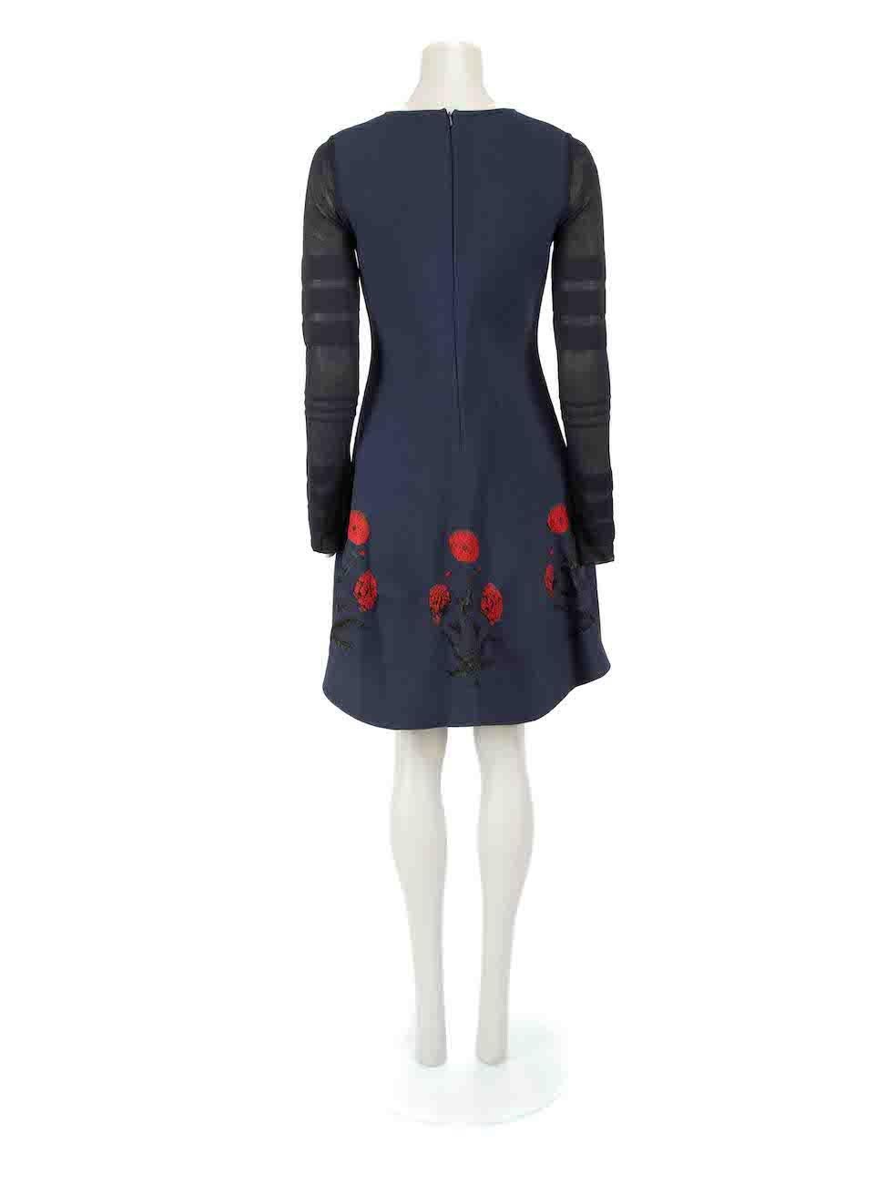 Oscar de la Renta Navy Stretch-Knit Poppy Accent Dress Size L In New Condition For Sale In London, GB