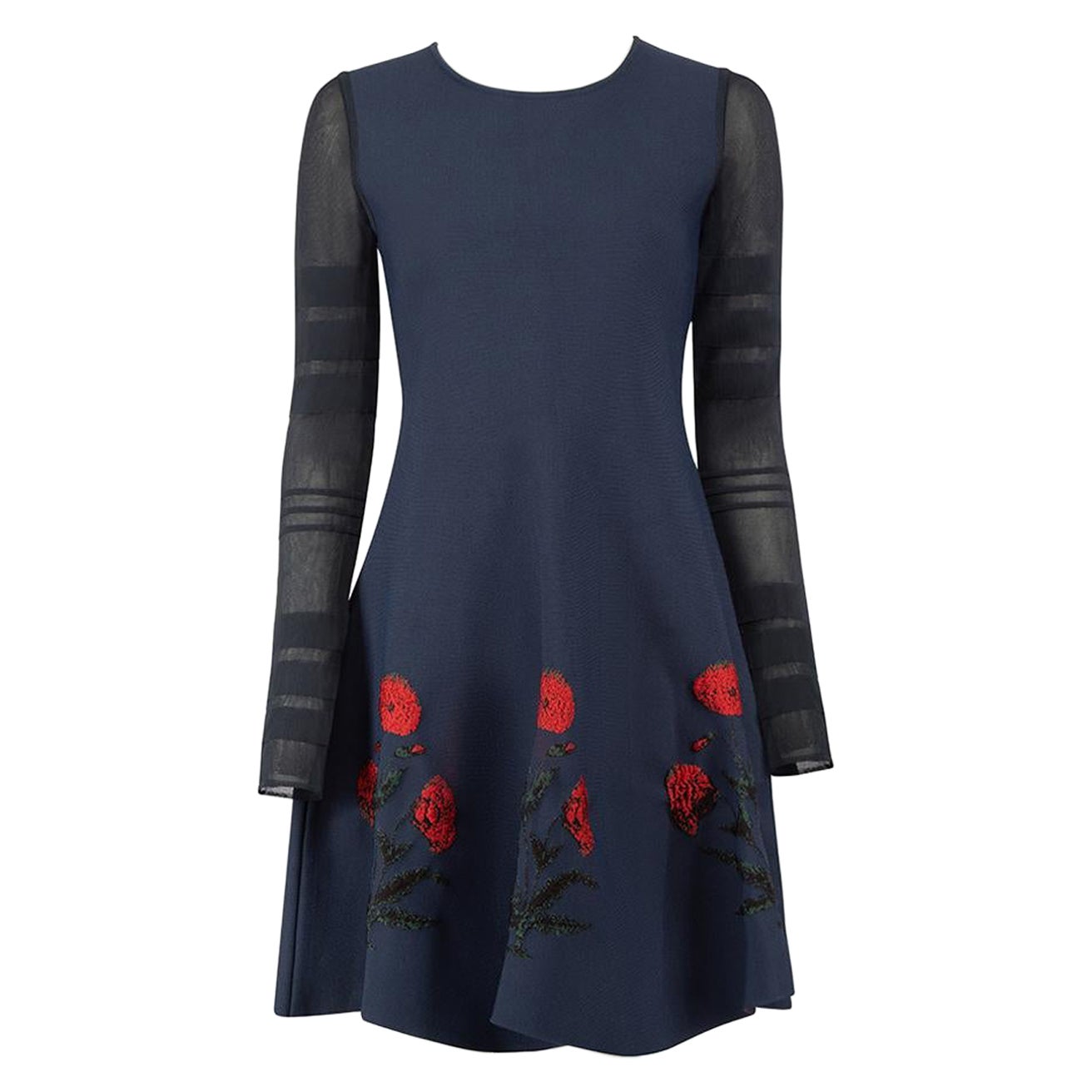 Oscar de la Renta Navy Stretch-Knit Poppy Accent Dress Size L