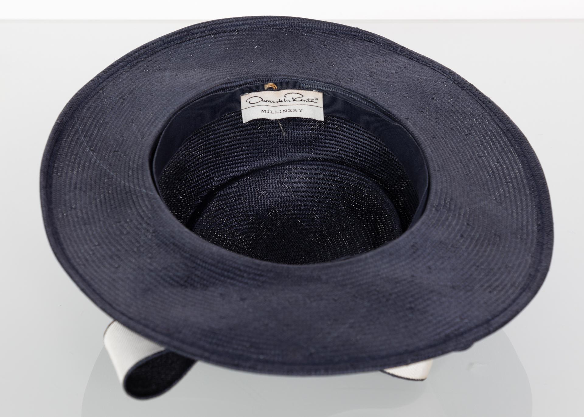 Black Oscar de la Renta Navy White Bow Straw Hat