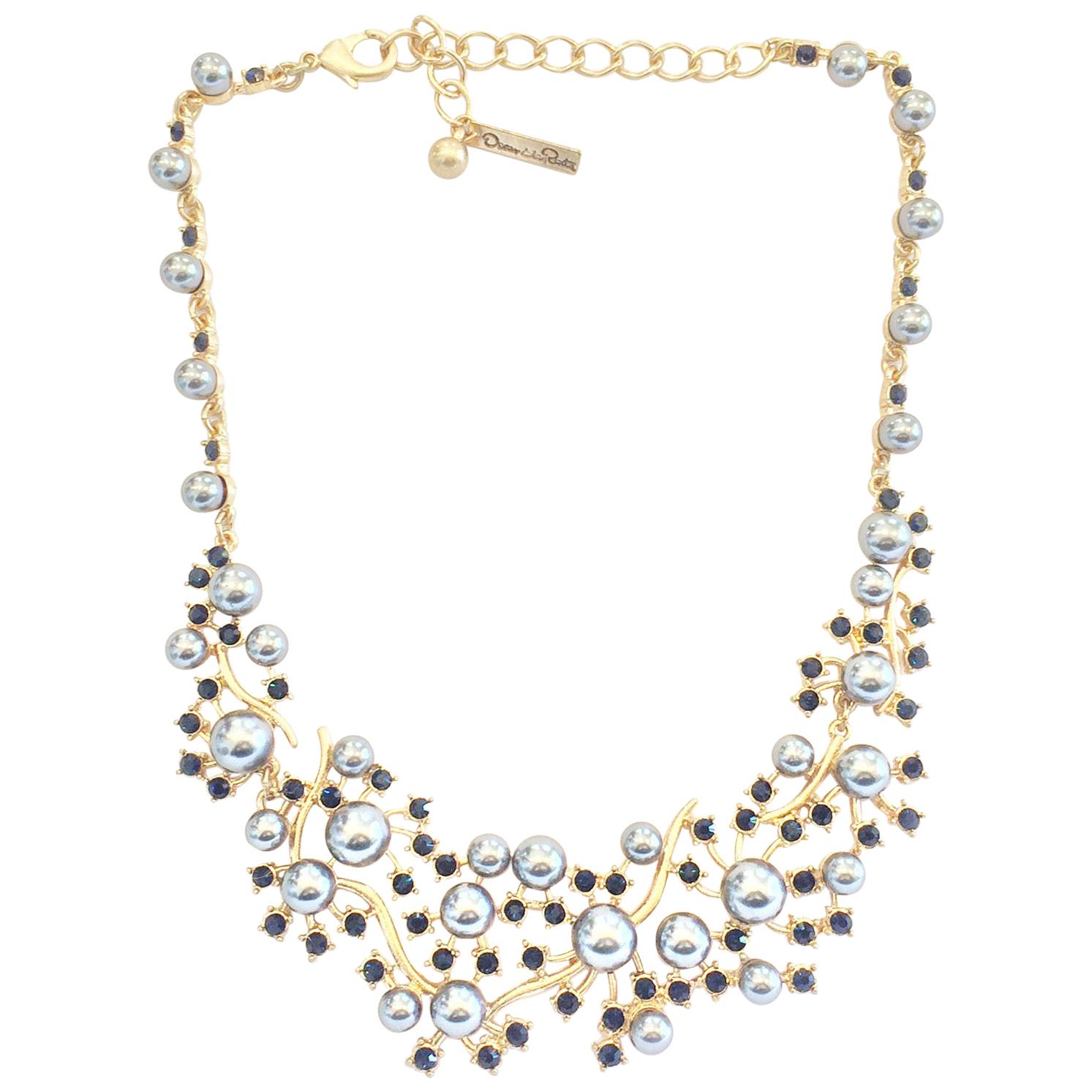 Oscar De La Renta Necklace of Grey pearls and black diamante