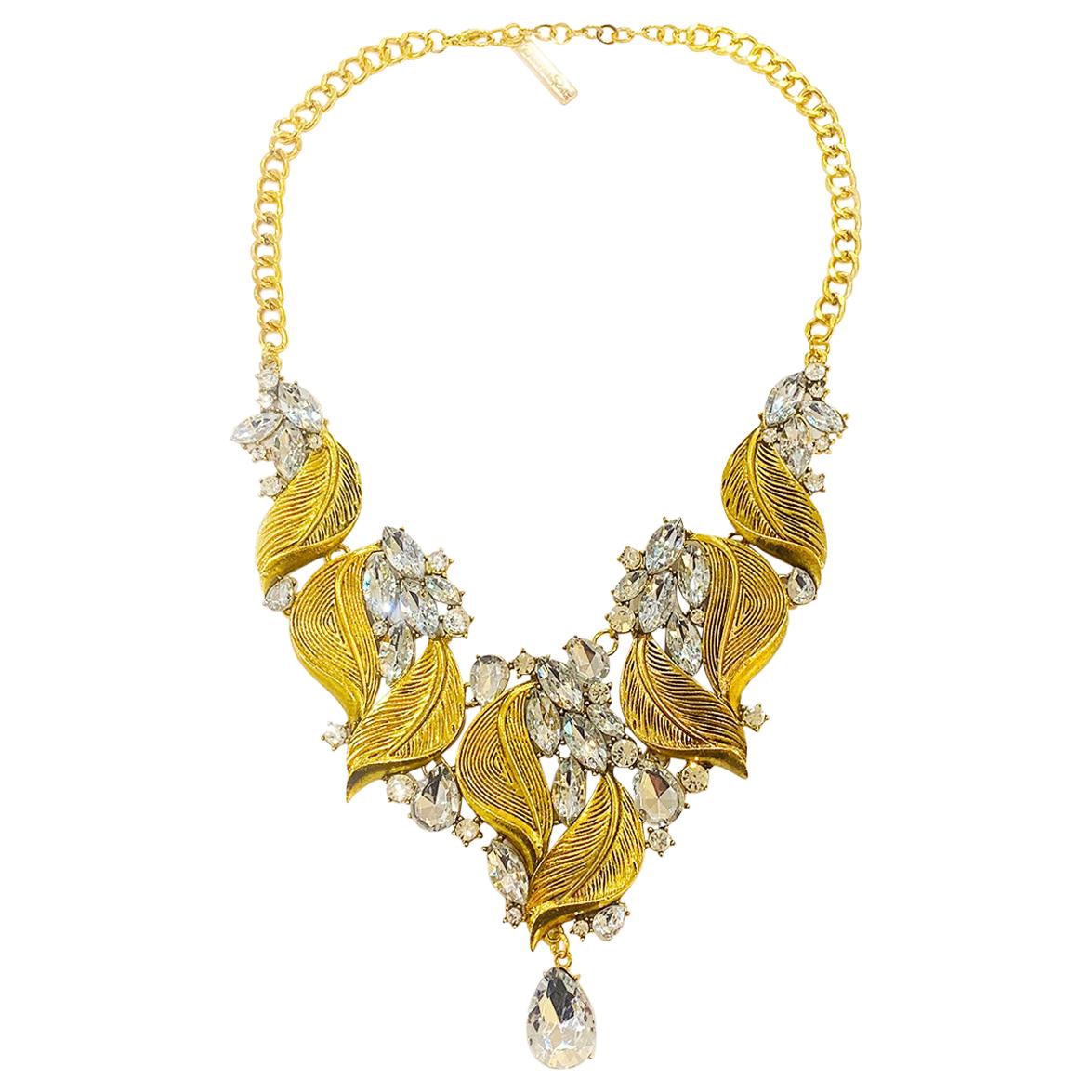 Oscar De La Renta Necklace with gilt leaves and white mirror diamantes For Sale