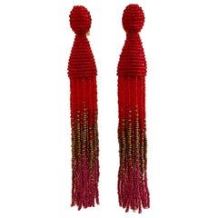 Oscar de la Renta New Red, Copper and Pink Tassel Beaded Earrings Clip On