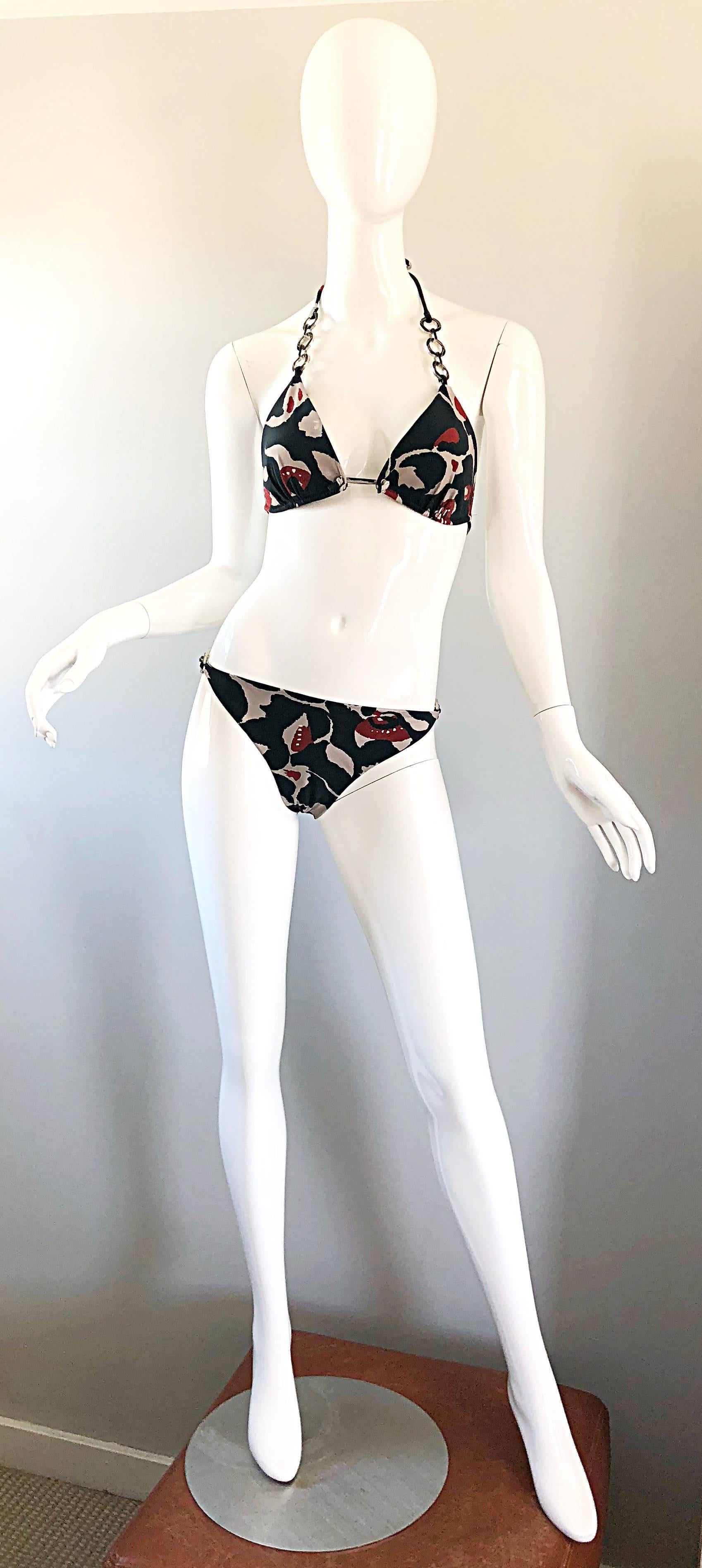 Oscar de la Renta Bikini-Badeanzug mit Batikmuster und Kettengliedern, neu mit Preisschildern, Größe Large (Schwarz)