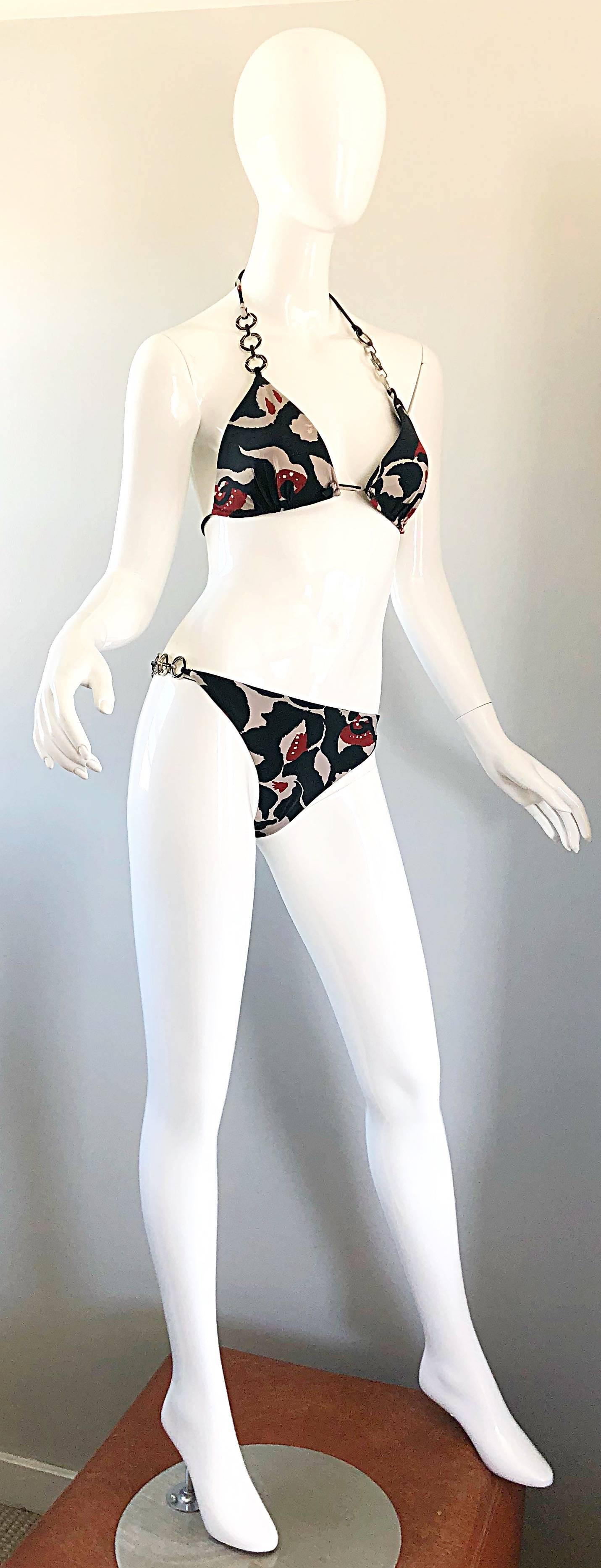 Oscar de la Renta Bikini-Badeanzug mit Batikmuster und Kettengliedern, neu mit Preisschildern, Größe Large 3