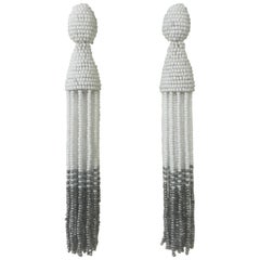 Oscar de la Renta New with Tags White and Silver Grey Tassel Earrings Clip On