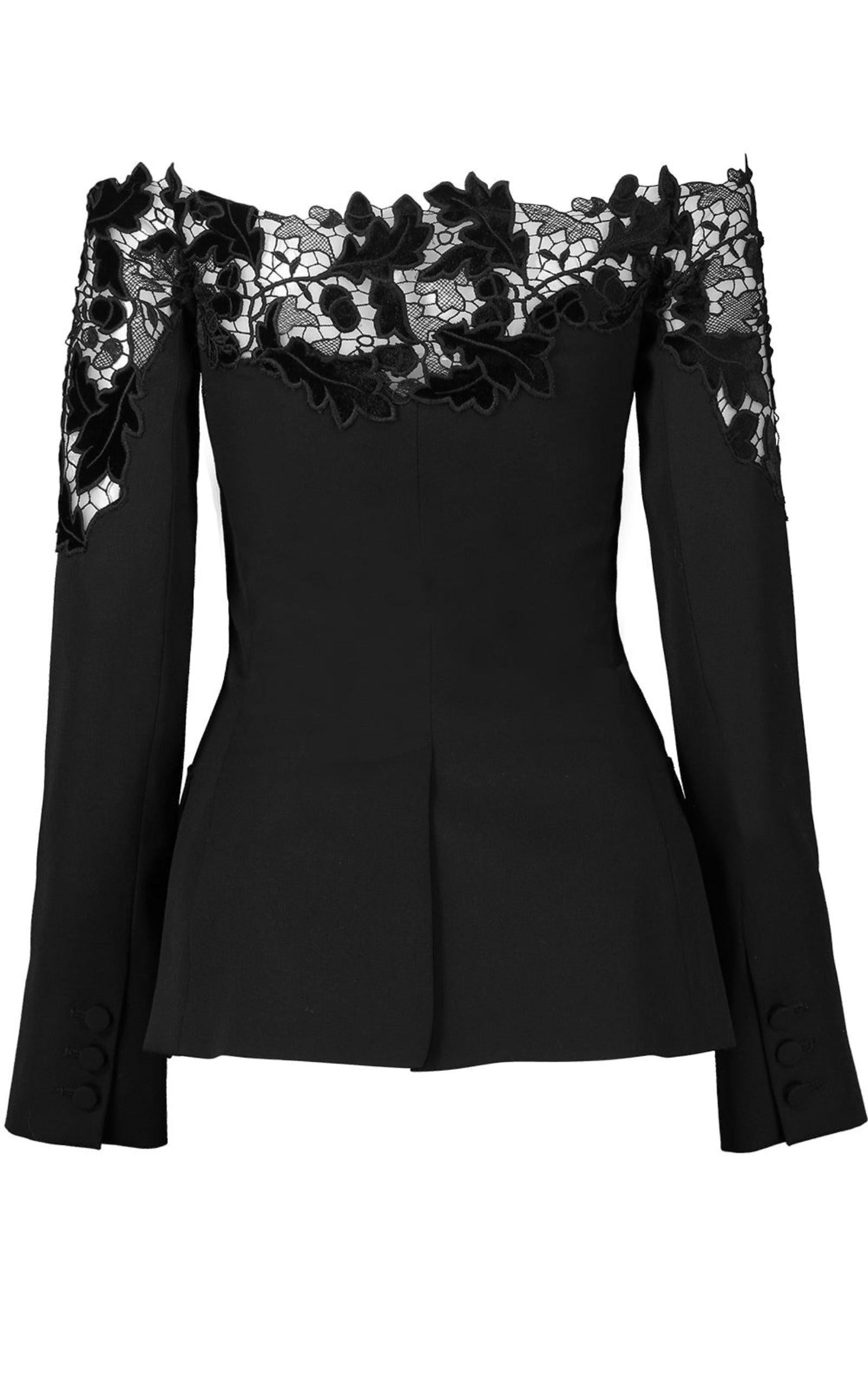 Women's Oscar de la Renta Off-Shoulder Velvet Guipure Lace Blazer Size US 10 For Sale