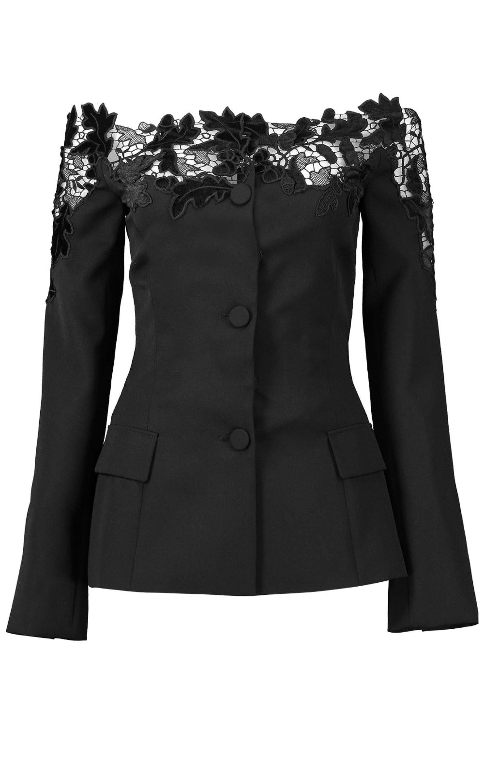 Oscar de la Renta Off-Shoulder Velvet Guipure Lace Blazer Size US 10