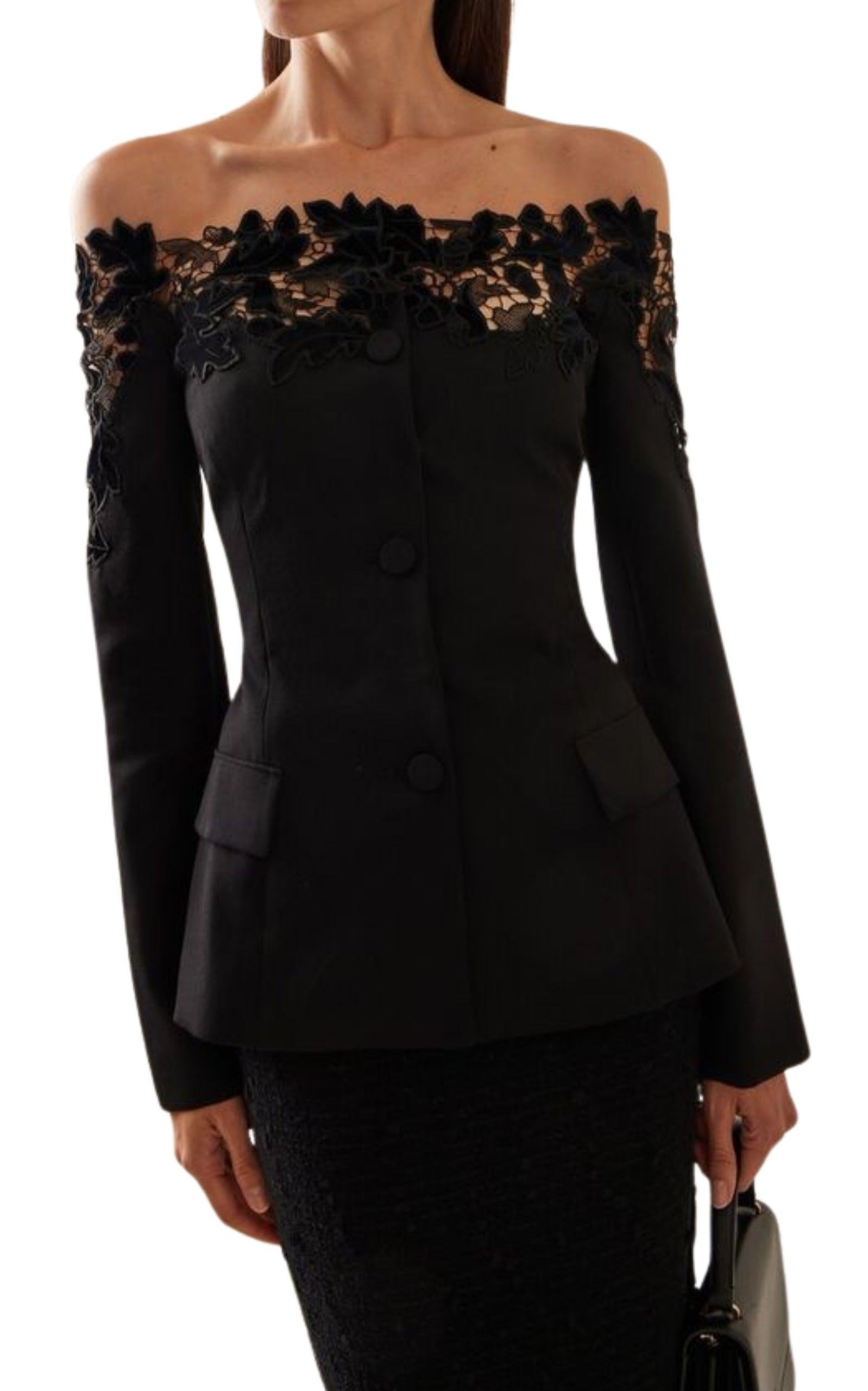 Black Oscar de la Renta Off-Shoulder Velvet Guipure Lace Blazer Size US 12 For Sale