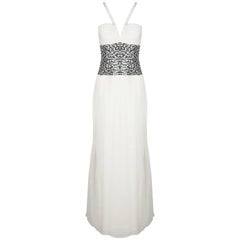 Oscar De La Renta Off White Basket Weave Embellished Ruched Silk Gown S