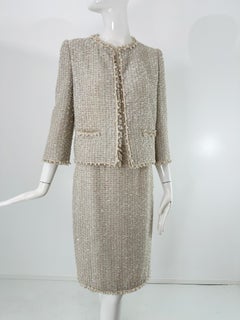 Oscar de la Renta Off White Sequin Tweed Pearl Braid Trim Skirt Set Runway Worn