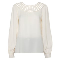 Oscar de la Renta Off White Silk Grid Neckline Detail Top XL