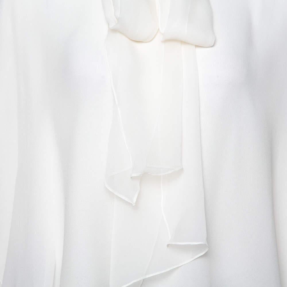 Oscar de la Renta Off White Silk Layered Tie Detail Blouse L For Sale 1