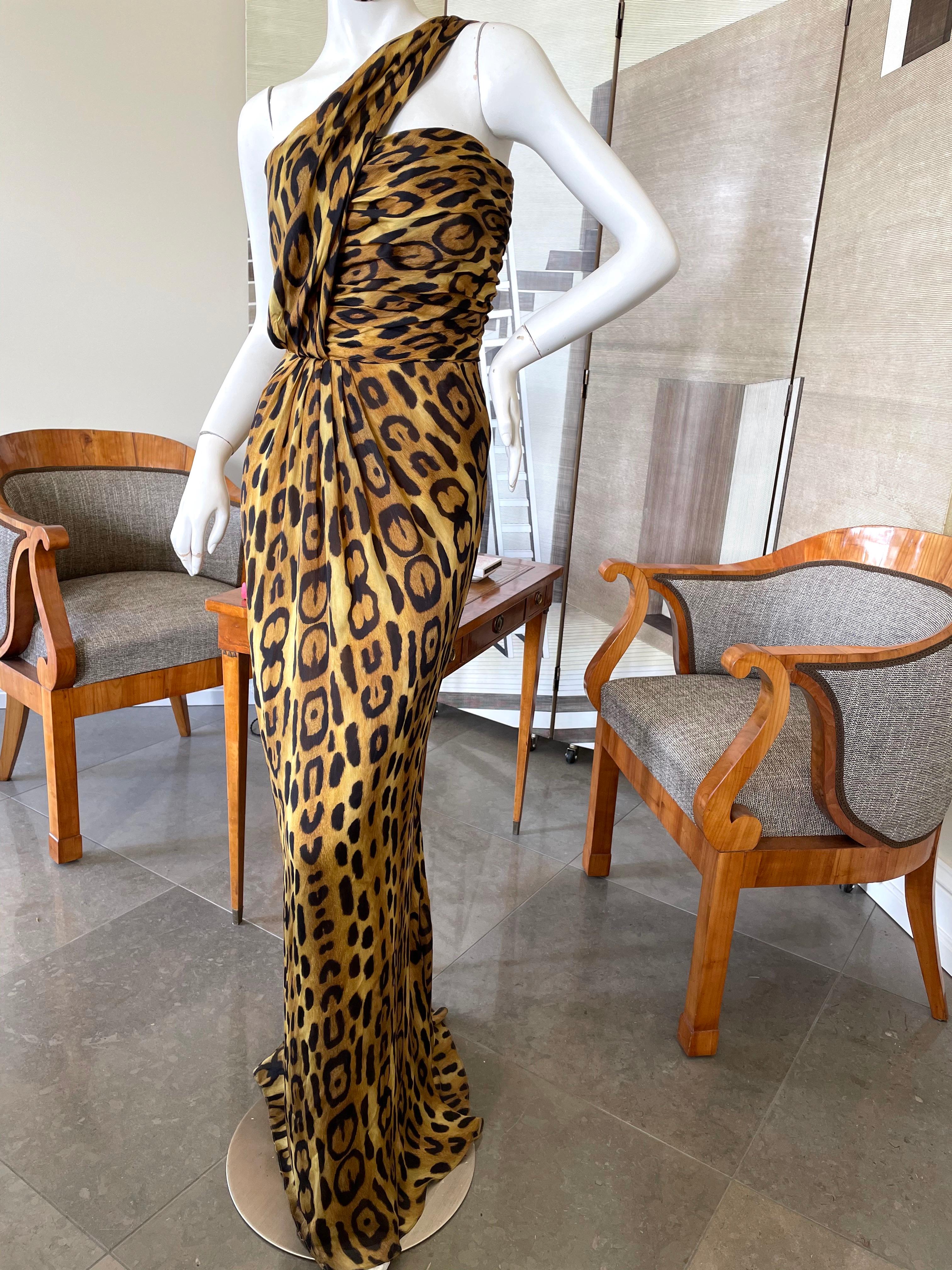 Brown Oscar de la Renta One Shoulder Silk Leopard Print Evening Dress For Sale