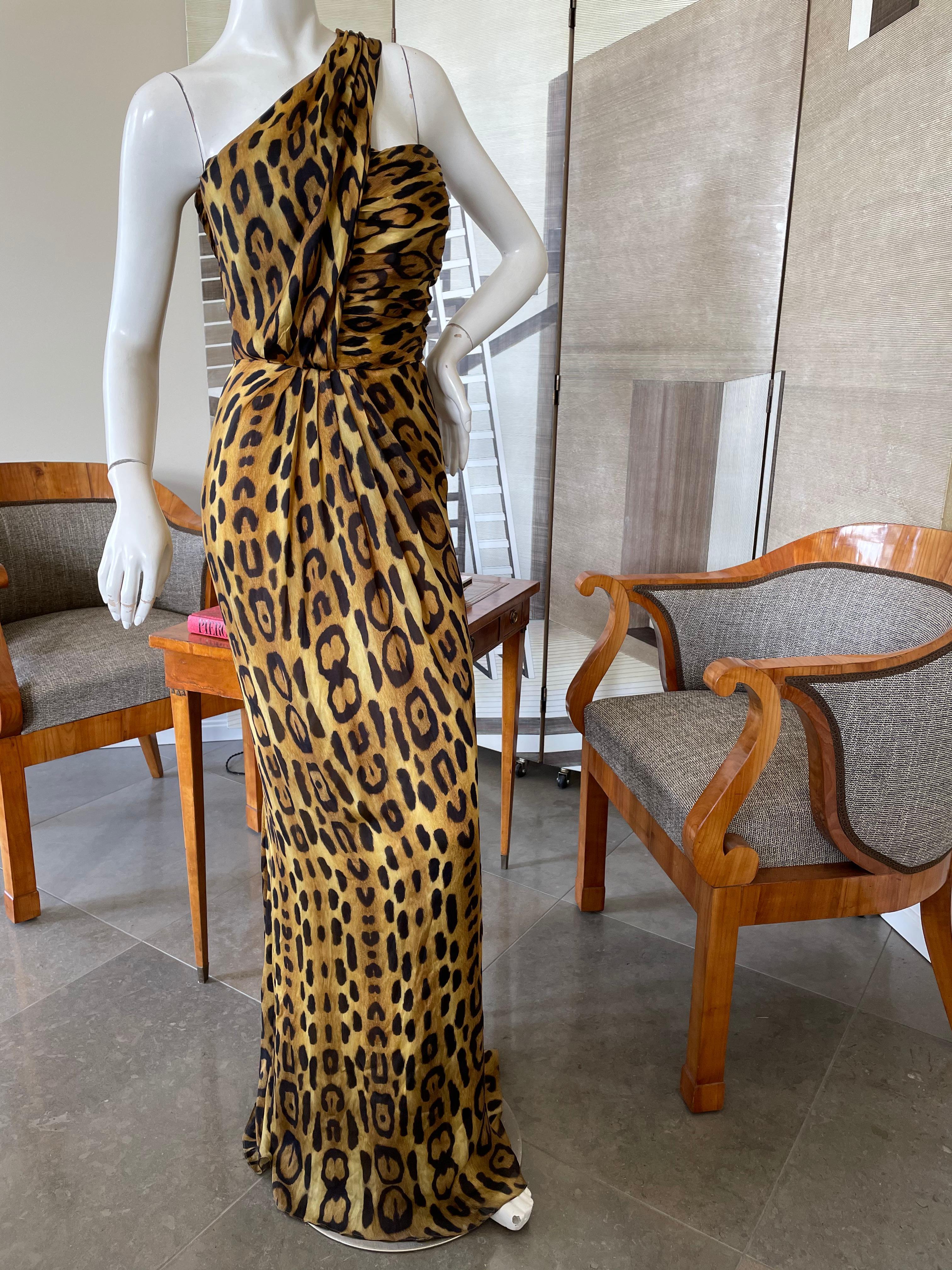 Oscar de la Renta One Shoulder Silk Leopard Print Evening Dress For Sale 1